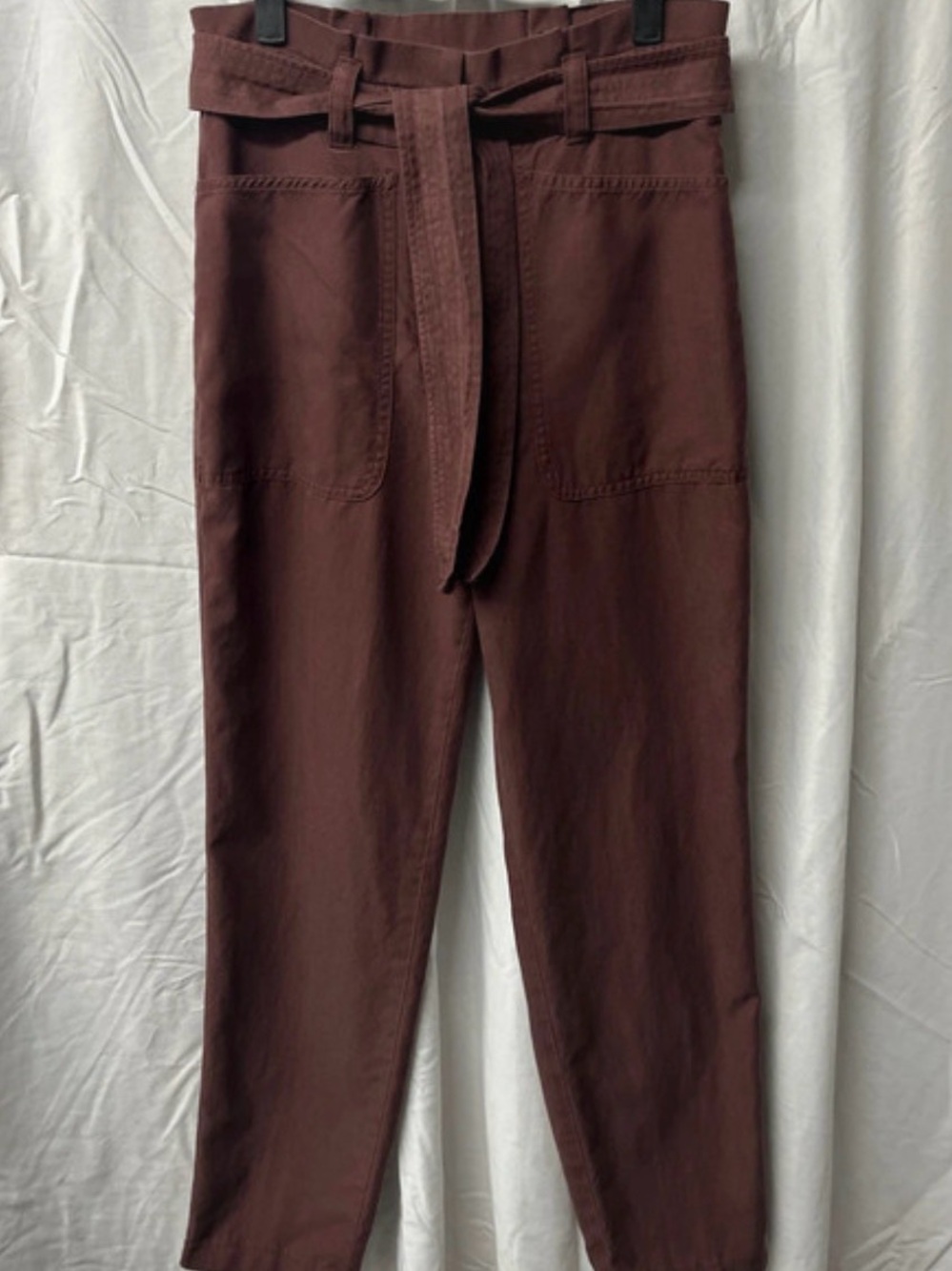 High-Rise Ankle Pants with Self-Tie Belt in Deep Burgundy